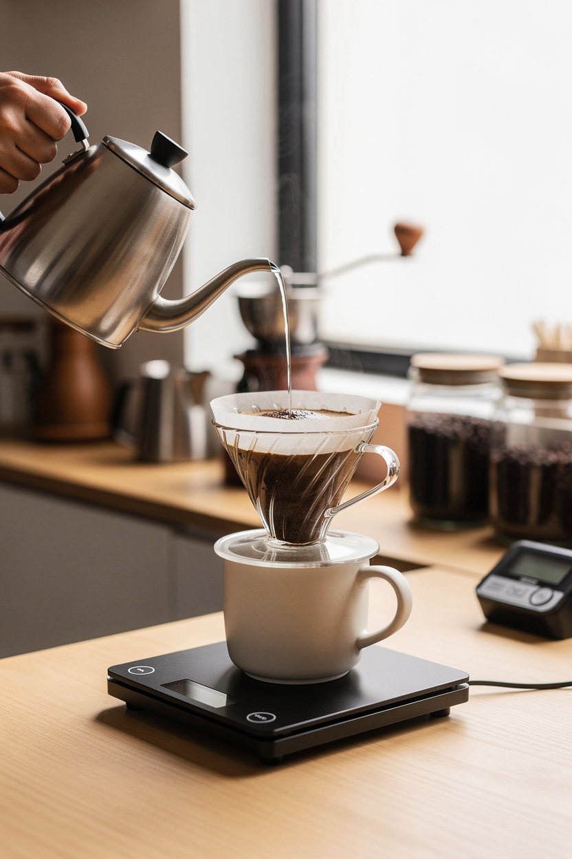 Driftline Coffee Roasters pour-over brewing process with hot water and single-origin beans