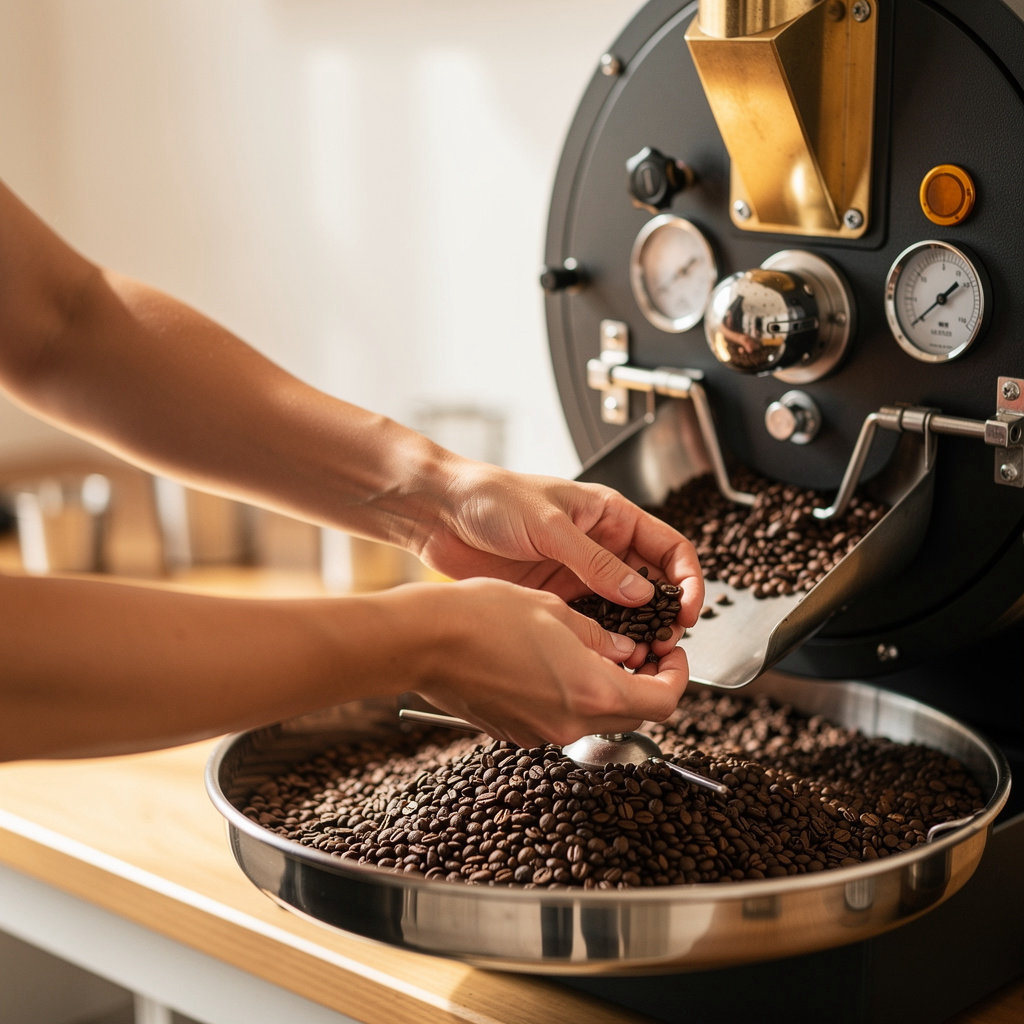 Driftline Coffee Roasters small-batch roasting equipment with freshly roasted coffee beans in Portland
